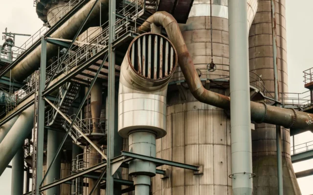Conducte și structuri metalice într-o instalație industrială