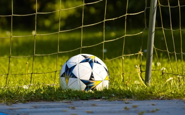 Minge albă de fotbal cu model colorat, pe iarbă lângă plasa porții