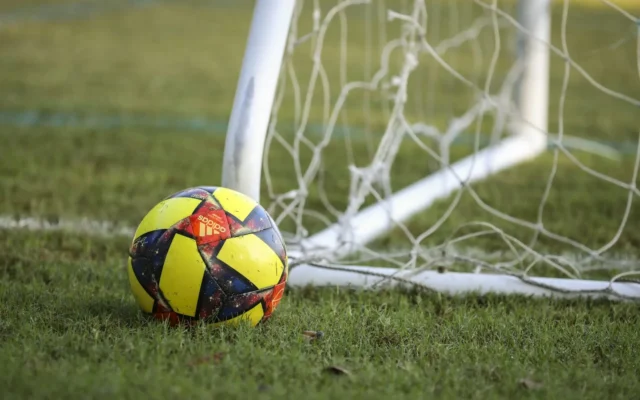 Minge de fotbal colorată pe gazon, lângă o poartă cu plasă albă