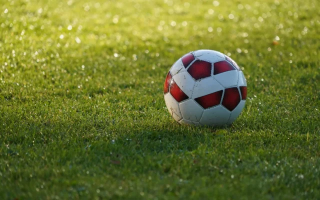 Minge albă de fotbal cu panouri roșii și negre pe gazon cu rouă