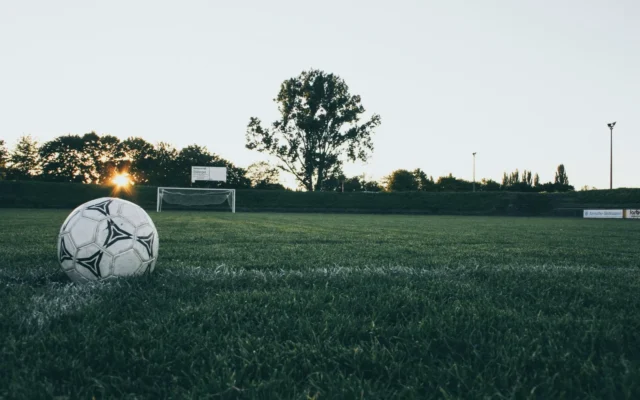 Minge de fotbal pe gazon, cu o poartă în fundal