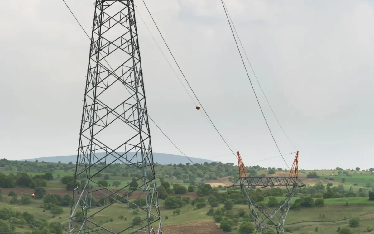Doi stâlpi ai unei linii electrice într-un peisaj rural