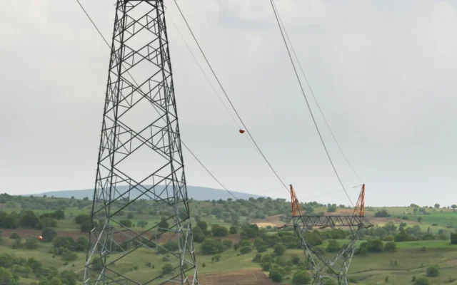 Doi stâlpi ai unei linii electrice într-un peisaj rural