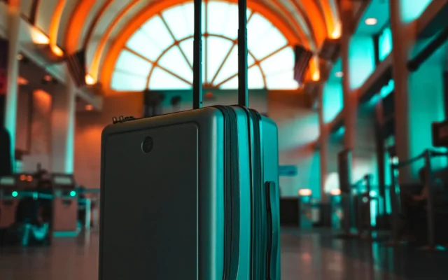 Valiză cu mâner telescopic într-un terminal de aeroport